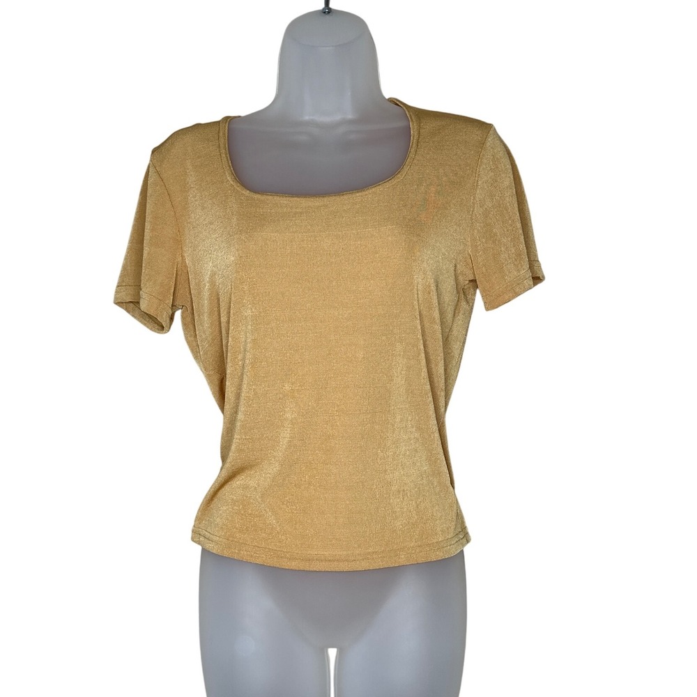 JANANAS VTG Gold Shimmer Top Square Neck Short Sleeve Tee Shirt M‎ USA MADE